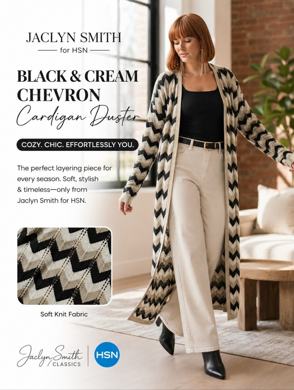 Jaclyn Smith Black & Cream Chevron Duster Cardigan | Boho Longline Knit | Large